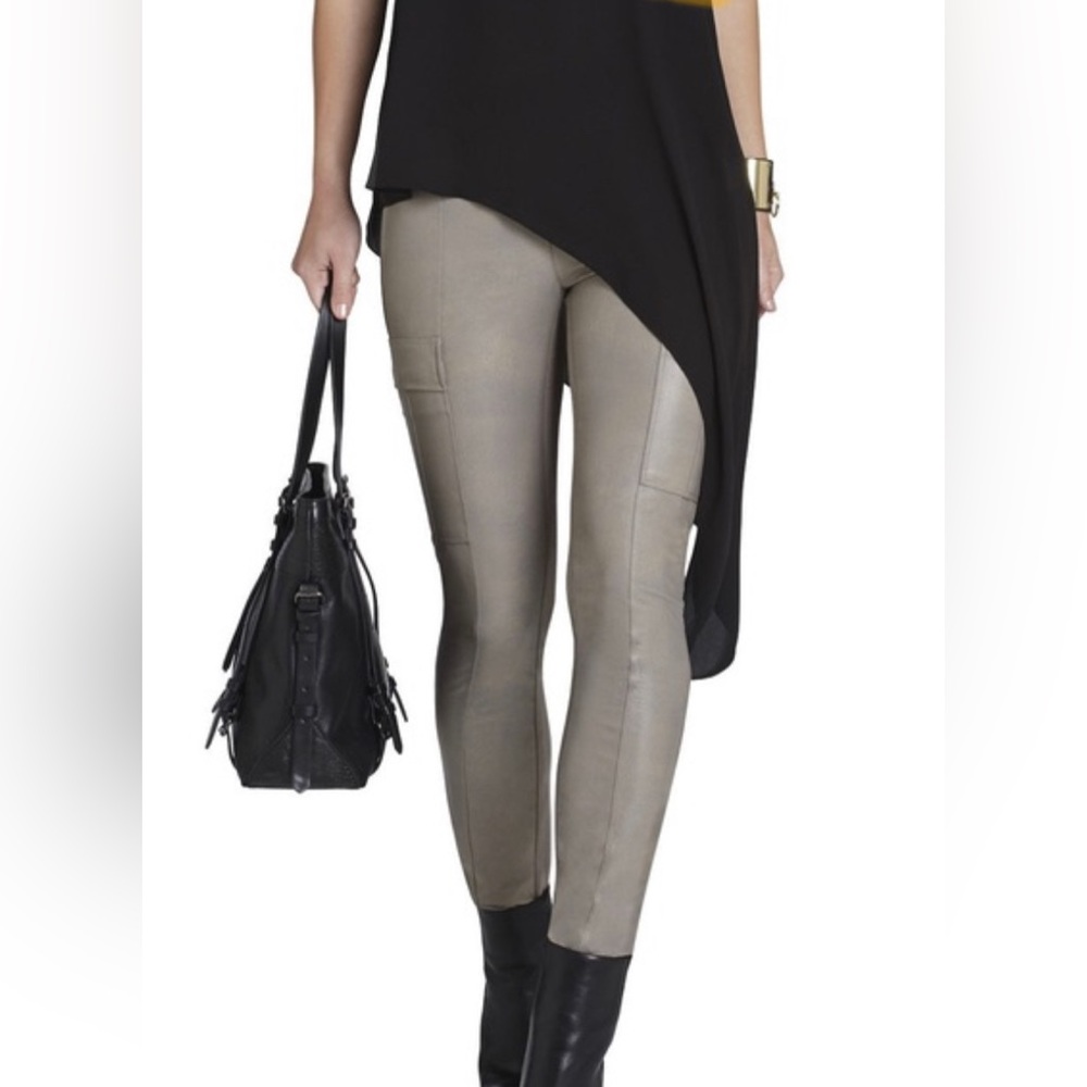 BCBG MaxAzria Wilcox Legging S Cinder Pleather Faux Leather Taupe Pants Stretch